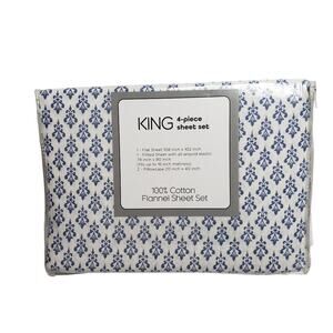 Damask Crest Blue Flannel 4Pc Sheet Set KING 100% Cotton Crest Blue White NEW